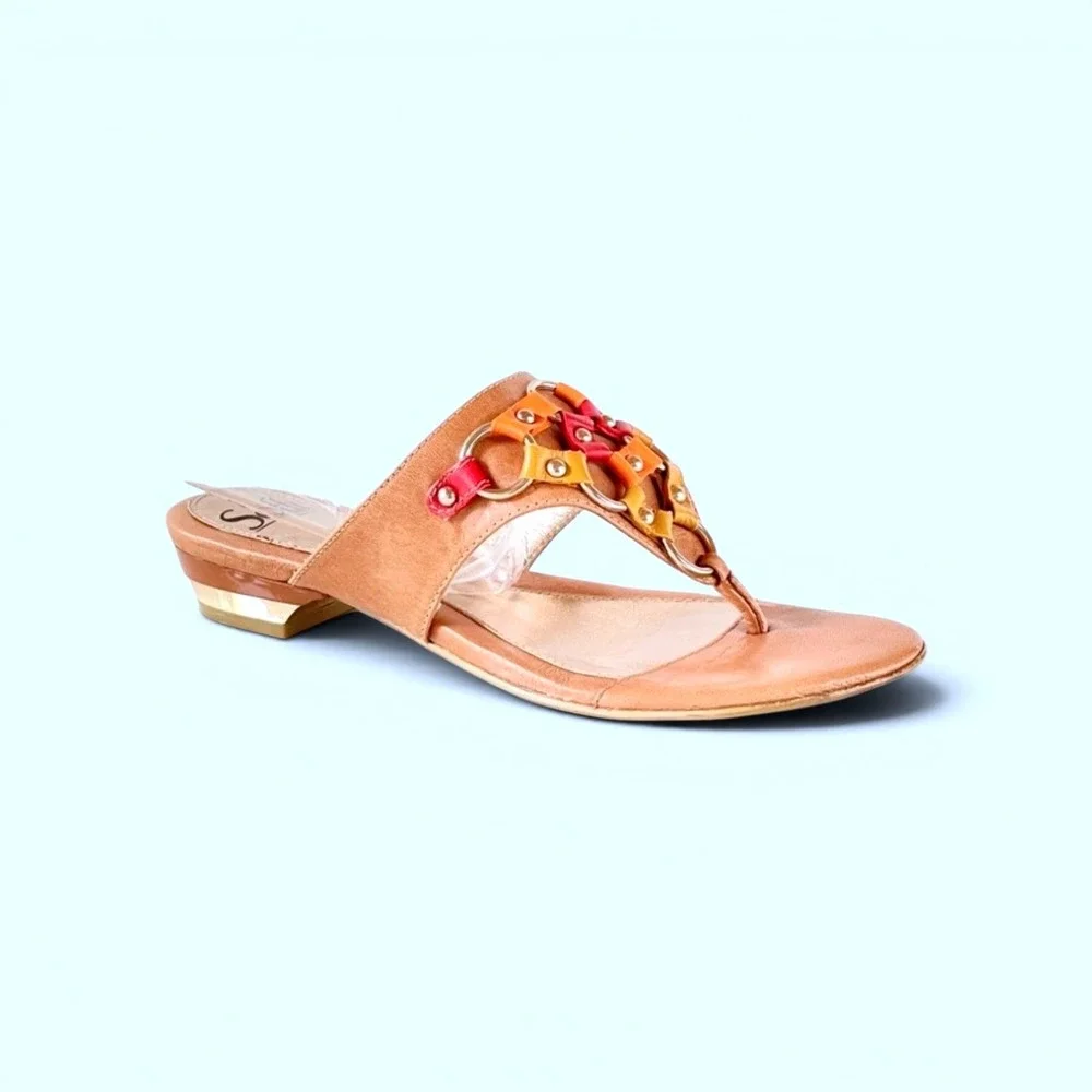 Sofft Womens 8M Tan Leather Woven Slide Thong Sandals Multi Color Rings Studded